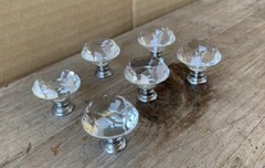New 6 Pc Crystal Glass Cabinet Drawer Pull Handle Knob 1.25″X1″ Chrome Finish