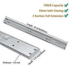 1 Pair 22 Inch Heavy Duty Soft Close Drawer Slides Full Extension Ball Bearing