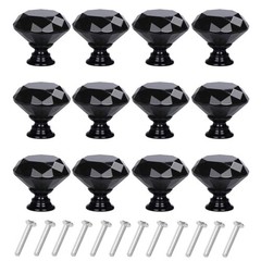 YourGift 12PK 40mm Diamond Crystal Glass Drawer Cabinet Knobs Pulls Black