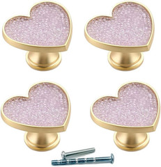 4Pcs Shining-Purple-Crystal-Diamonds-Drawer-Knobs, Golden-Brass-Heart-Dresser-Pu