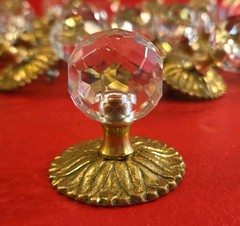 VTG Faceted Crystal Knob Pull W/Brass Medallion Back Plate Hollywood Regency