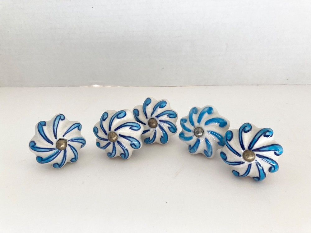 Set of Blue White Ceramic Drawer Cabinet Knobs Pulls Made in India