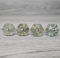 Vintage Uranium Glass Cabinet Knobs Hexagonal Pulls w/ Screws & Square Nuts 4pc