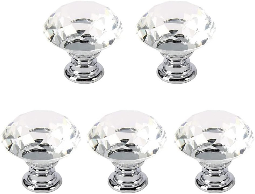 5 Pack Crystal Glass Cabinet Knobs 30mm Diamond Drawer Pull Handles Clear Chrome