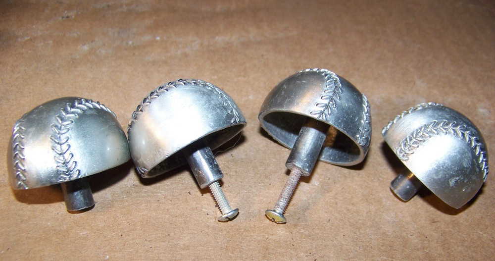 Set Of 4 Silver Metal 1/2 Baseball Drawer Pulls – Nice – 1 3/4″ X 1 3/4″