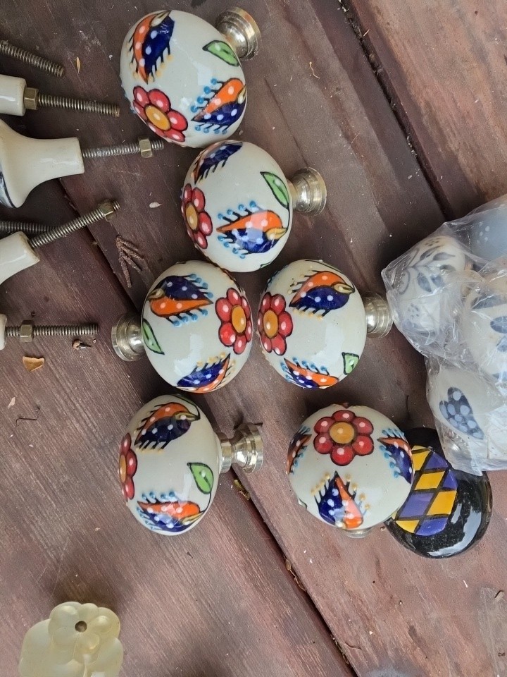 Set of 6 Hand-Painted Ceramic Cabinet Drawer Knobs Floral 2″ x 2″ Boho Folk Art