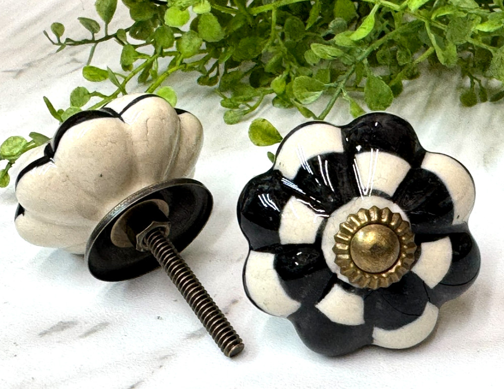 2 Checkered Ceramic Courtly Check Knobs Cabinet Pulls Furniture Hardware Childs