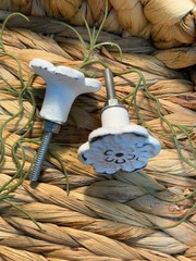 2 Shabby Chic Cottage VTG White Cast Iron Knobs Pull Cabinet Furniture Hardware