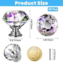 32 Pcs 30mm Diamond Clear Crystal Drawer Knobs, Glass Cabinet Pulls, Easy Instal