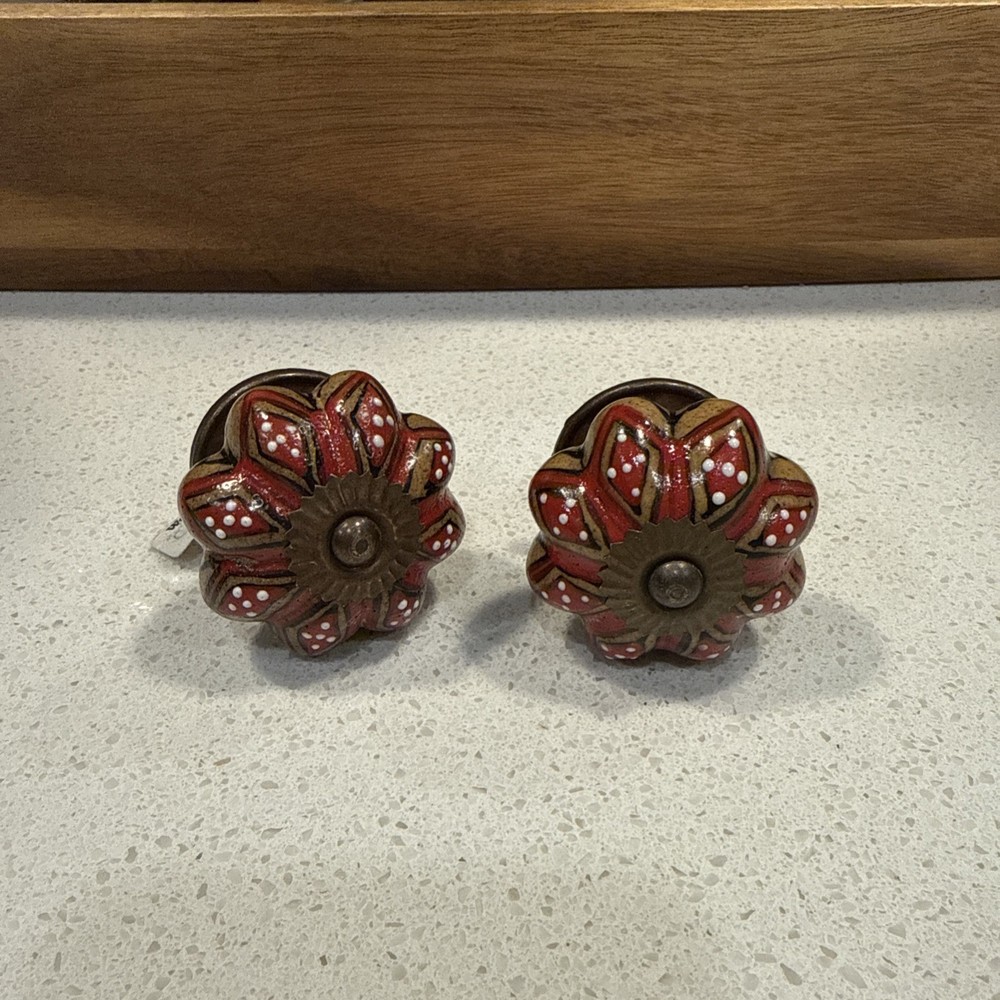 Set Of 2 World Market Hand-Painted Ceramic Pumpkin Drawer Knobs – Red Boho India
