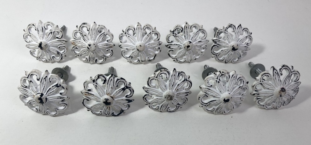 10 Cast Iron Round White Flower Distressed Drawer Cabinet Knob Pull Handle
