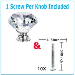 10Pcs Crystal Glass Cabinet Knob Diamond Shape 30mm Drawer Cupboard Handle Pull