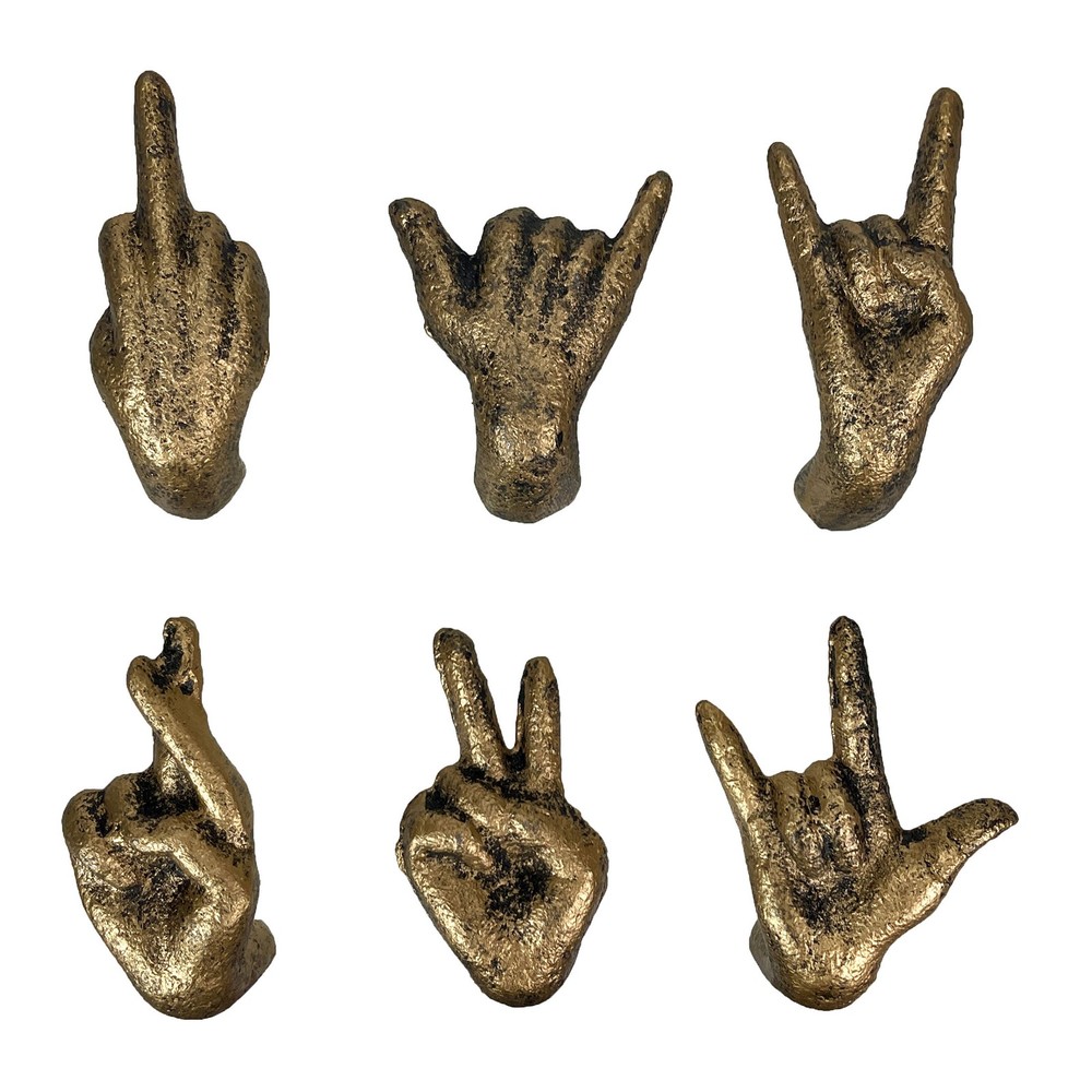 Zeckos Set of 6 Antique Gold Cast Iron Hand Cabinet Knobs SLA Drawer Pulls
