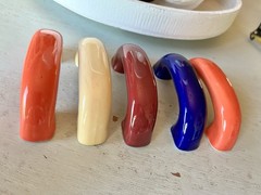 Lot of 5 Vtg Porcelain Drawer Pulls Rounded Unmarked 2 Orange, Cream, Blue, Red