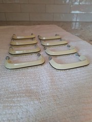 Lot of 8 Mid Century Modern Cream w/Brown Stripe Ceramic Porcelain Cabinet Pulls