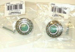 Lot of 2 Enamel & Crystal Turquoise Stone Cabinet Pulls, Knobs by Brainerd – NEW