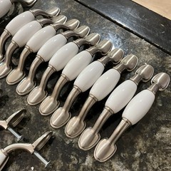 54 White Porcelain Ceramic and Brushed Nickel Drawer / Cabinet Pulls Hardware