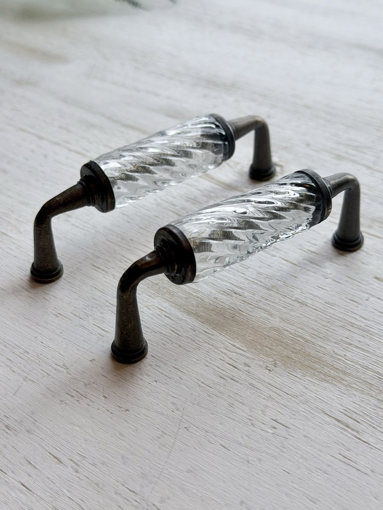 2 Clear Spiral Glass Antique Brass Metal Drawer Pulls Cabinet Pulls 3.88″ x 4”