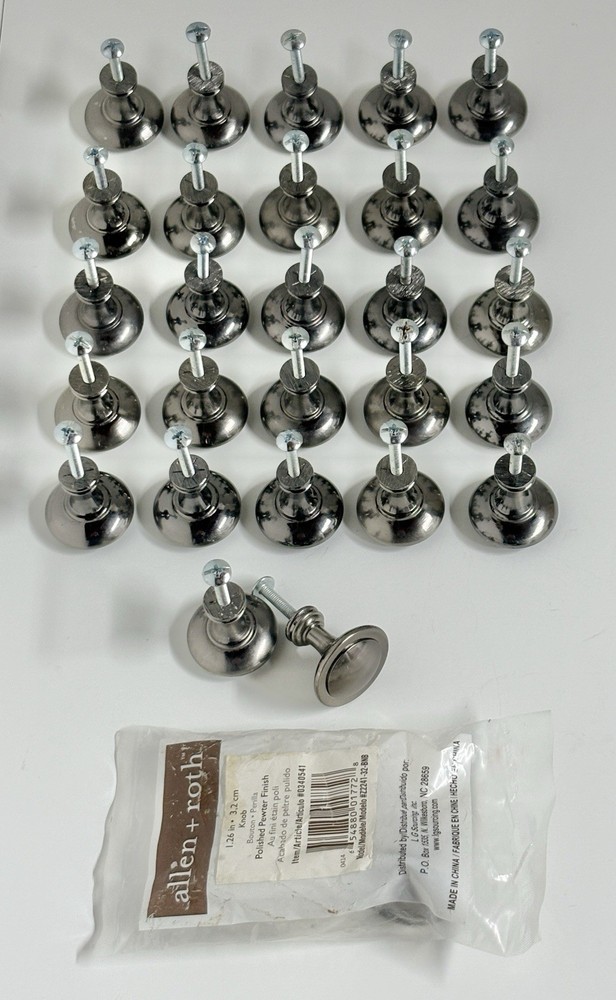 Lot/28 Allen + Roth polished pewter 1.26 inch round with screws cabinet knobs