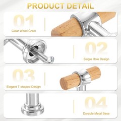 4Pcs 1.57″x0.63″ T-Bar Wooden Drawer Pulls with Silver Base Beech]