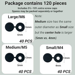 120 Pcs 3 Sizes Screw Cover Caps, Smooth Plastic Caps for Covering Screw Black