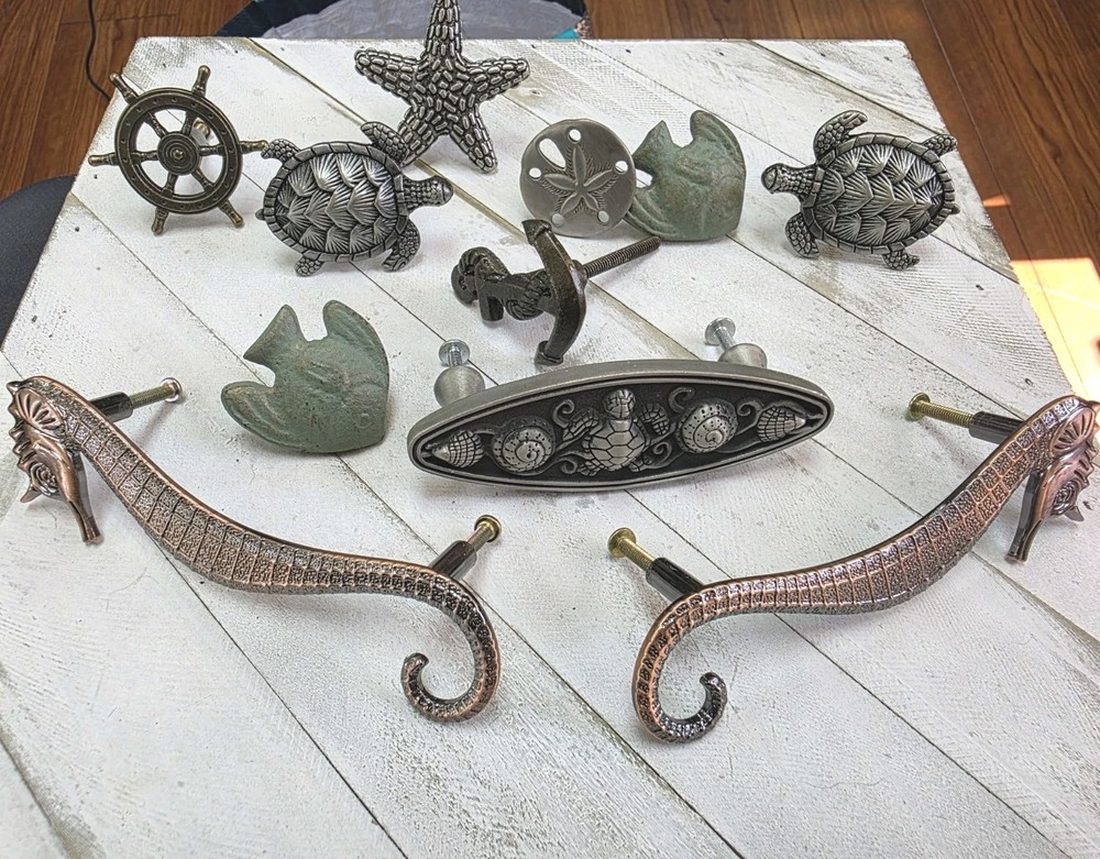 Lot Of 12 Coastal Drawer Pulls Knobs Seahorse Turtle Starfish Nautical Cabinet H