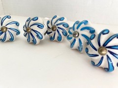 Set of Blue White Ceramic Drawer Cabinet Knobs Pulls Made in India