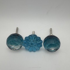 Aqua Blue Glass Diamond Faceted Drawer Knobs Pulls, One Floral, Set Of 3