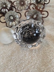 Set of 5 Clear Glass Cabinet Knobs with Red-Blac Metal Flower Backplates, etc