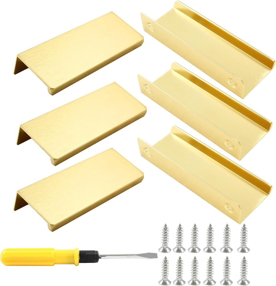 6 Pack Modern Brushed Gold Aluminum Alloy Hidden Cabinet Pulls, 3.15″ x 1.26″, E