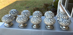 Drawer Knobs Pulls Ceramic Cream w/Navy Dot Swirl w/Screws Set of 10