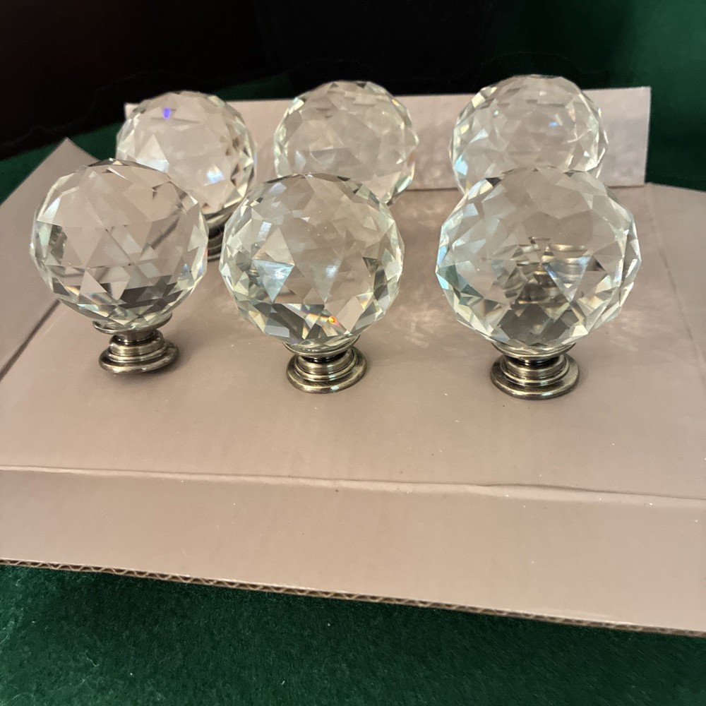 Set 6 Glass Crystal Cabinet Knob Drawer Pull ROUND Faceted NEW UNUSED 1.75”D 1.5