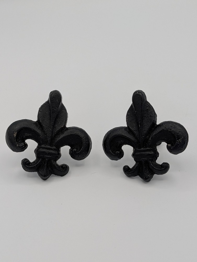 Pair Black Cast Iron Fleur De Lis Cabinet Knobs 3.5″ Rustic Drawer Pull