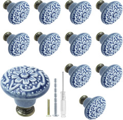 12 Pcs Light Blue Vintage Round Ceramic Cabinet Knobs and Pulls for Drawer, Cupb