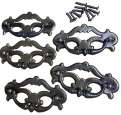 Antiqued Black Brass Ornate Cabinet Drawer Pulls Drop Bail 4.75 in x 2 in Set/5