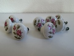 Set 8 Vintage Japan Porcelain Rose Cabinet Knobs Pink Floral Drawer Pulls