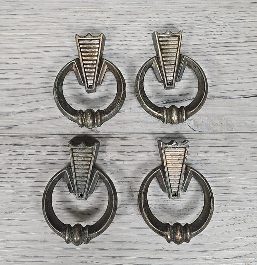 Vtg 1967 Art Deco Mid Century Ring Pull Drawer Handles Amerock Brass Finish 4pc