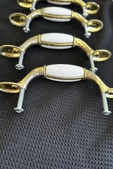 10 Cabinet Drawer Handles 3″ C/C /White Porcelain GOLD Pull 5″ Long as shown