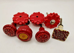 Set of 7 Ceramic Drawer Knobs Mixed Designs Red Maroon Cream Flower Starburst