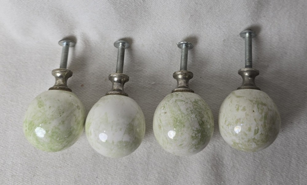 4 Vtg Porcelain Marble Green White Cab/Drawer Knob Pull Brass Spacer Screws
