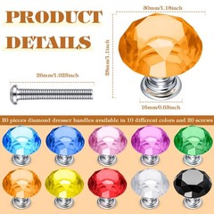 20 Pieces Crystal Cabinet Knobs 30 mm Drawer Pulls Colorful Dresser Knobs Cry…