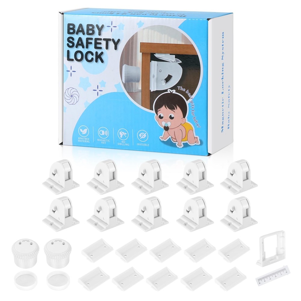 10 Pack Magnetic Cabinet Locks for Child Safety, Drawer Baby 10, White