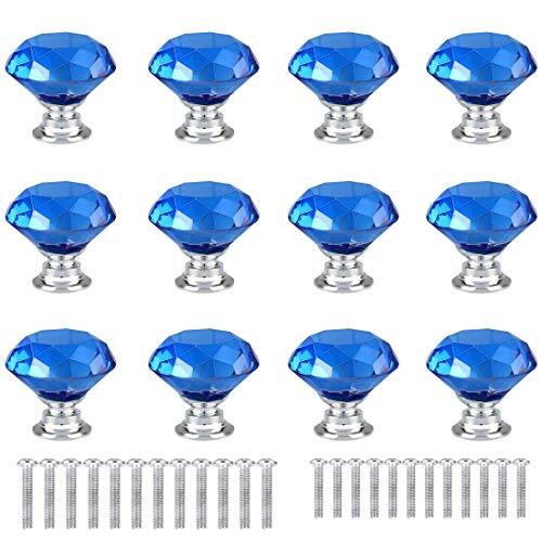 12 Pcs 30mm Diamond Shape Crystal Glass Cabinet Knobs with Screws Drawer Blue