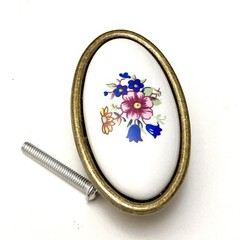 White Ceramic Floral Antique Brass Cabinet Door Drawer Pull Knob 2-1/4″ OVAL
