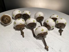 10 White Green Polka Dots Ceramic Drawer Knobs Cabinet Furniture Door Pulls 10