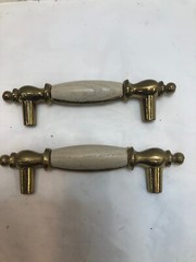 2 Vintage White Wood and Brass Drawer Cabinet Pull Handle 4-1/4″ Wide