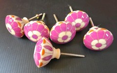 VTG Hand Painted Ceramic Cabinet Drawer Pull Knobs Pink/Orange/Wht~Lot Of 6~2″D