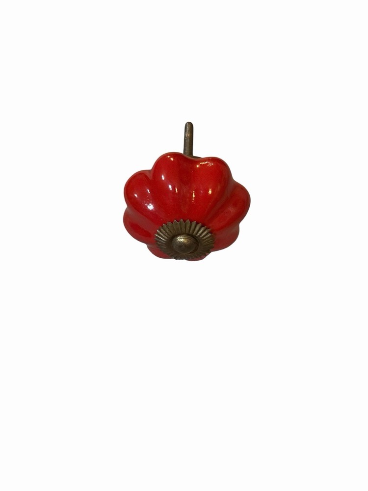Set of 6 RED ENAMEL Pumpkin Shape PULL Drawer Cabinet Knob Porcelain Handle