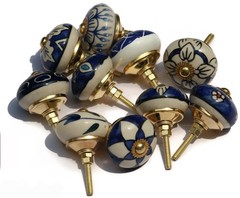 Handmade Indian Ethnic Blue Ceramic Stone Cabinet Knobs,Vintage Decorative Drawe