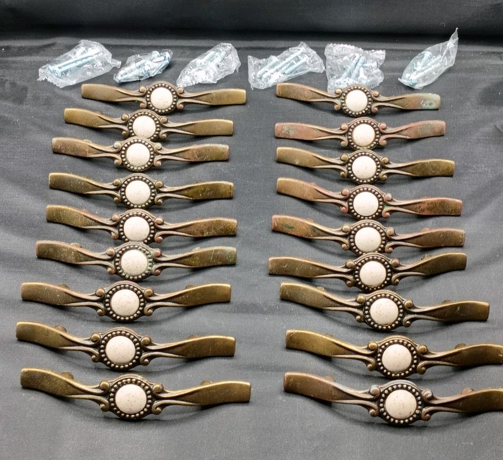 Vintage Lot of 18 Amerock Handle Pulls Speckled Ceramic Antique Brass 1970s MCM